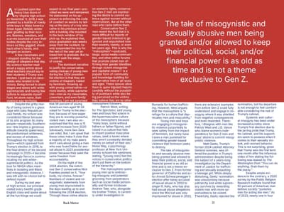 Text-heavy spread with dense type on a red block and a large white pull quote