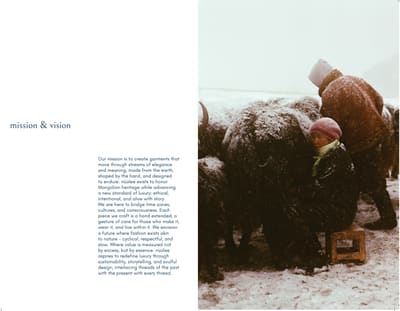 Spread titled "mission & vision" with a photo of a person sitting on a stool among snow-dusted, shaggy yak-like animals in falling snow