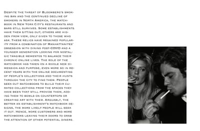 Booklet spread: text column on the left, black-and-white photo of two people smoking on the right