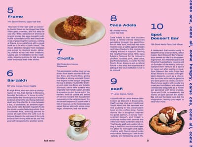 Pink restaurant-guide spread continued, entries 5 to 10 with food and coffee cut-outs