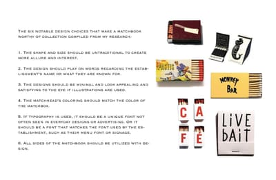 Spread listing six design choices for a collectible matchbook, with photos of real matchbooks