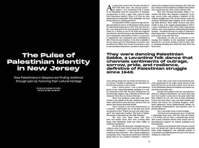 Article opener in white type on black: The Pulse of Palestinian Identity in New Jersey