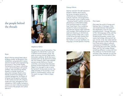 Spread titled "the people behind the threads" with four short bios and two textile-production photos