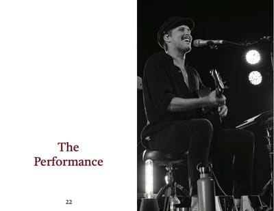 Section opener "The Performance" beside a black-and-white concert photo of a smiling seated guitarist