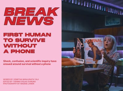 BREAK NEWS spread: pink page with red headline; person in a diner booth reading a vintage magazine