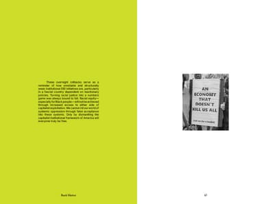 Lime page with a closing paragraph; white page with a small protest-placard photo