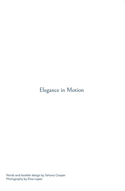 Pamphlet back cover reading "Elegance in Motion" with design and photography credits