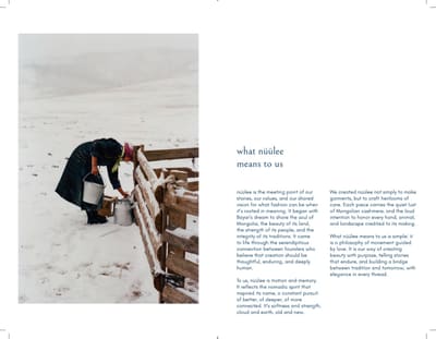 Spread titled "what nüülee means to us" with a photo of a person bending over a milk can beside a snowy fence