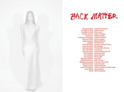 Masthead spread: faded figure in a long white slip dress beside a red Back Matter masthead