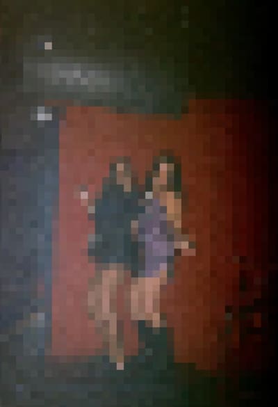 Pixelated photo of two people in short dresses posing against a red wall
