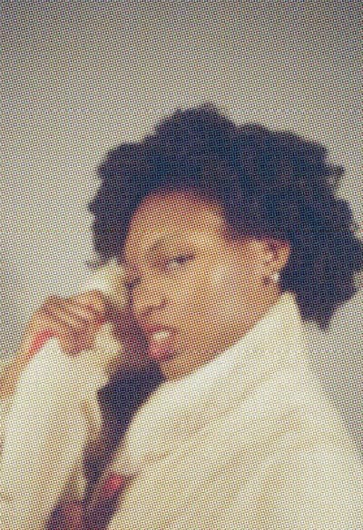 Halftone portrait of a person with curly hair in a cream coat, hand holding the collar to the face