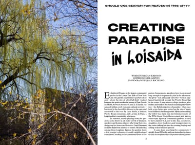 Creating Paradise in Loisaida opener: weeping willow against blue sky beside a bold headline