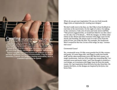 Spread with white text over a close-up of a hand on a guitar neck with a capo, and an interview page