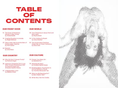 Table of contents spread in red type beside a grey halftone figure with hands to head