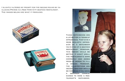 Spread: two AI-generated seafood-themed "Primos" matchboxes and a photo of a blonde person smoking