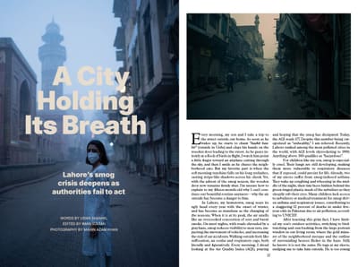 A City Holding Its Breath opener: masked person on a smoggy old-city street with a minaret