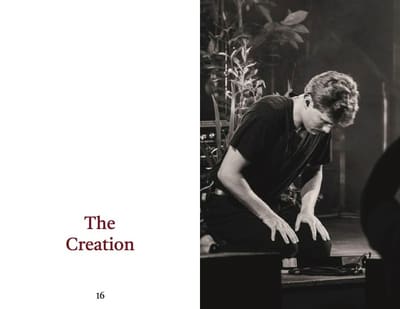 Section opener "The Creation" beside a black-and-white photo of a performer kneeling on stage