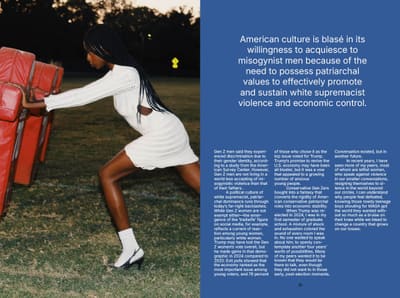 Model in a white knit dress pushing red tackling sleds at dusk, beside a blue text page