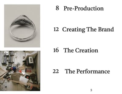 Contents spread with an engraved silver ring, an overhead photo of a music studio floor, and four chapter titles
