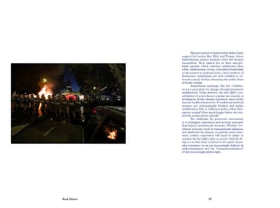 Night photo of a police line in PNA vests with fires in the street, beside closing text