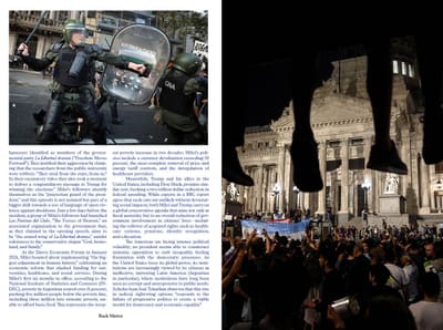 Riot police with a GENDARMERIA shield; night crowd in front of a lit neoclassical building
